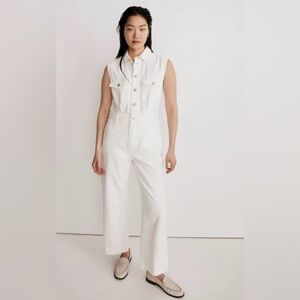 Madewell Denim Sleeveless Carpenter Jumpsuit in Tile While Sz L